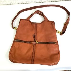 FOSSIL Erin Fold-over Tan Brown Leather Tote Shoulder Handbag EUC, Retail $228